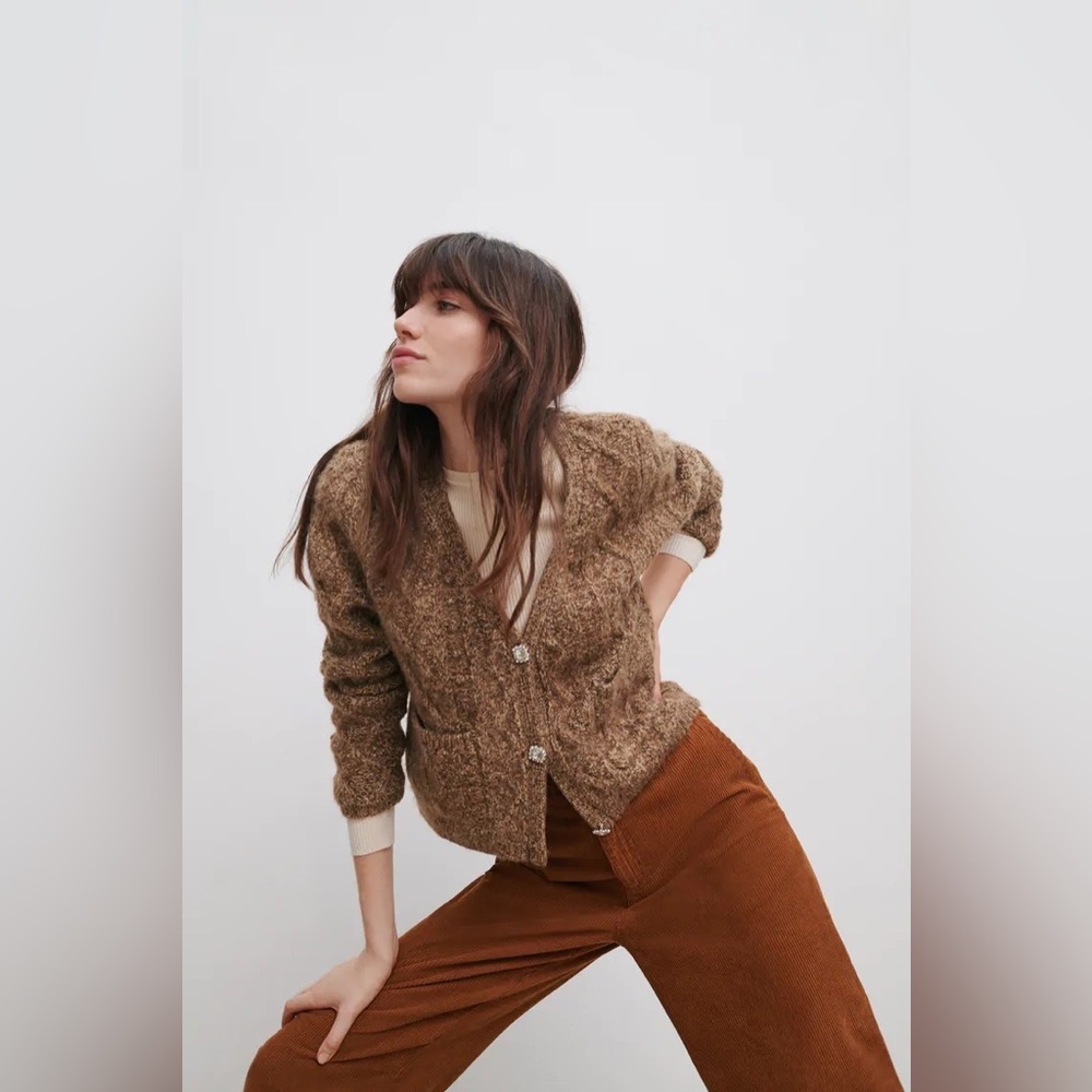 Zara Tan Cardigan with Embellished Button
